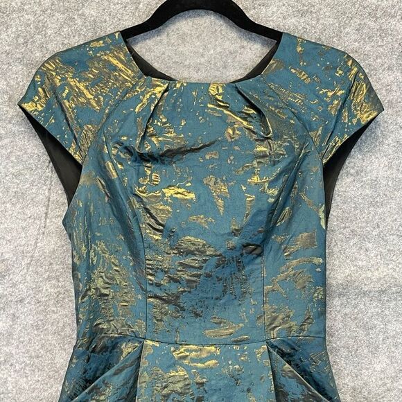 ALL SAINTS Dress Size 4 Opulence Teal Bronze Jacquard Cap Sleeve Cocktail Mini - Picture 3 of 16